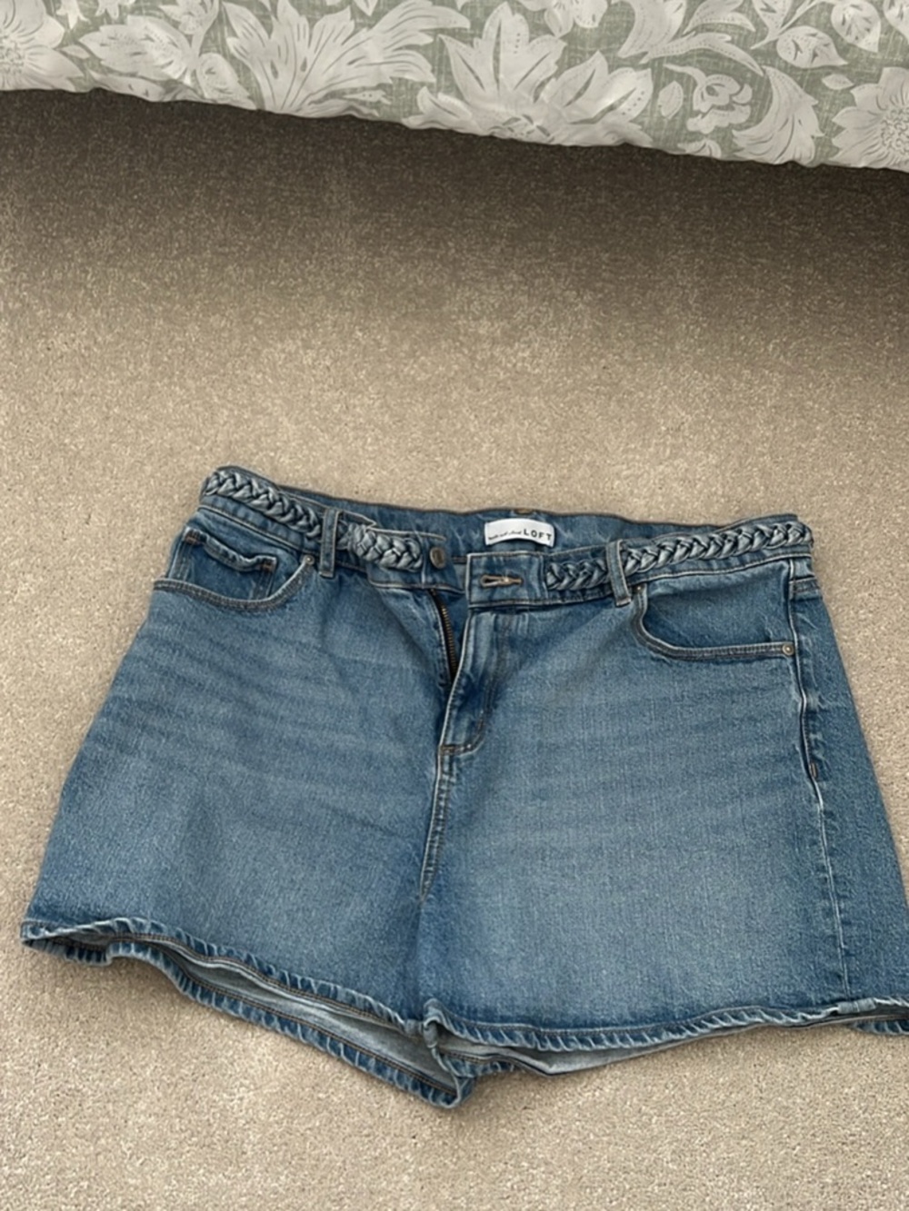 LOFT Braided-Waist Denim Shorts in Medium Blue